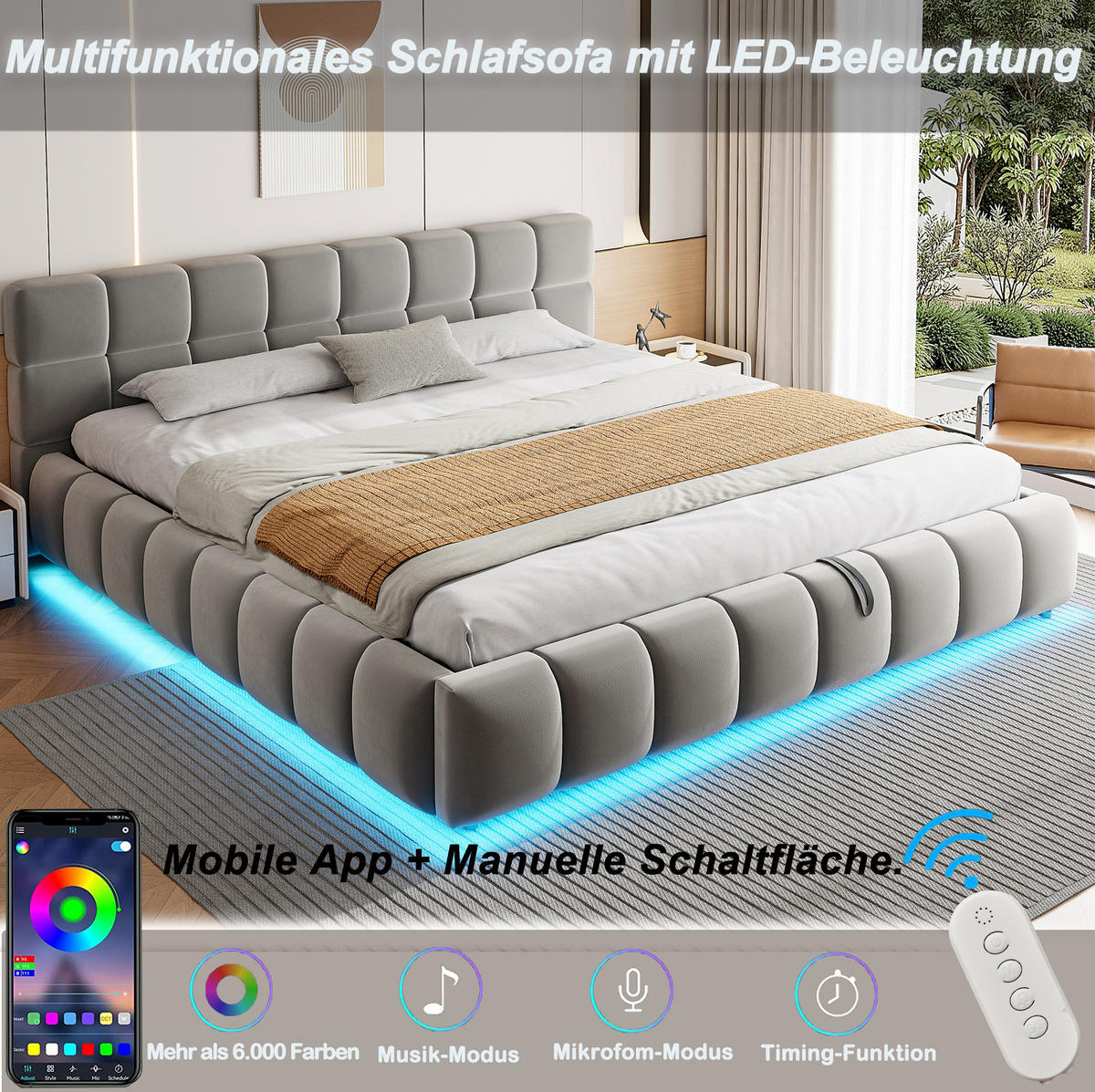 POLSTERBETT 180/200 cm aus Samt mit LED-Beleuchtung und hydraulischem Stauraum Grau - Grau, Textil (180/200cm) - Modenvie