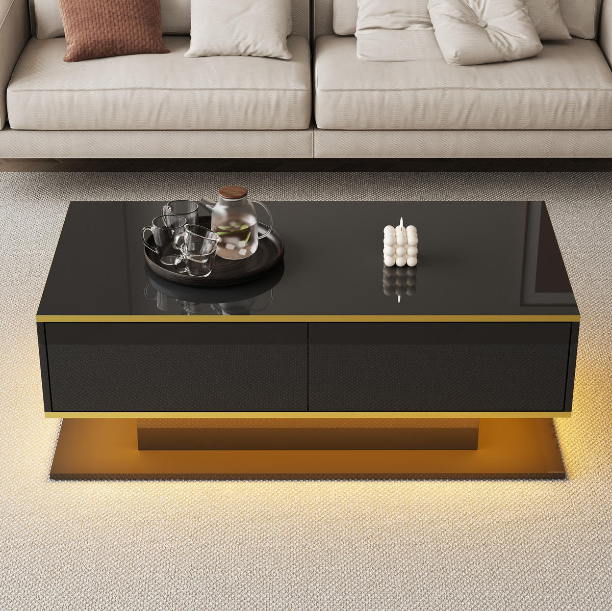 COUCHTISCH 100/50/40 cm in Schwarz/Gold mit LED-Beleuchtung und 3 Schubladen - Schwarz, Holzwerkstoff (100/50/40cm) - Flora Grace