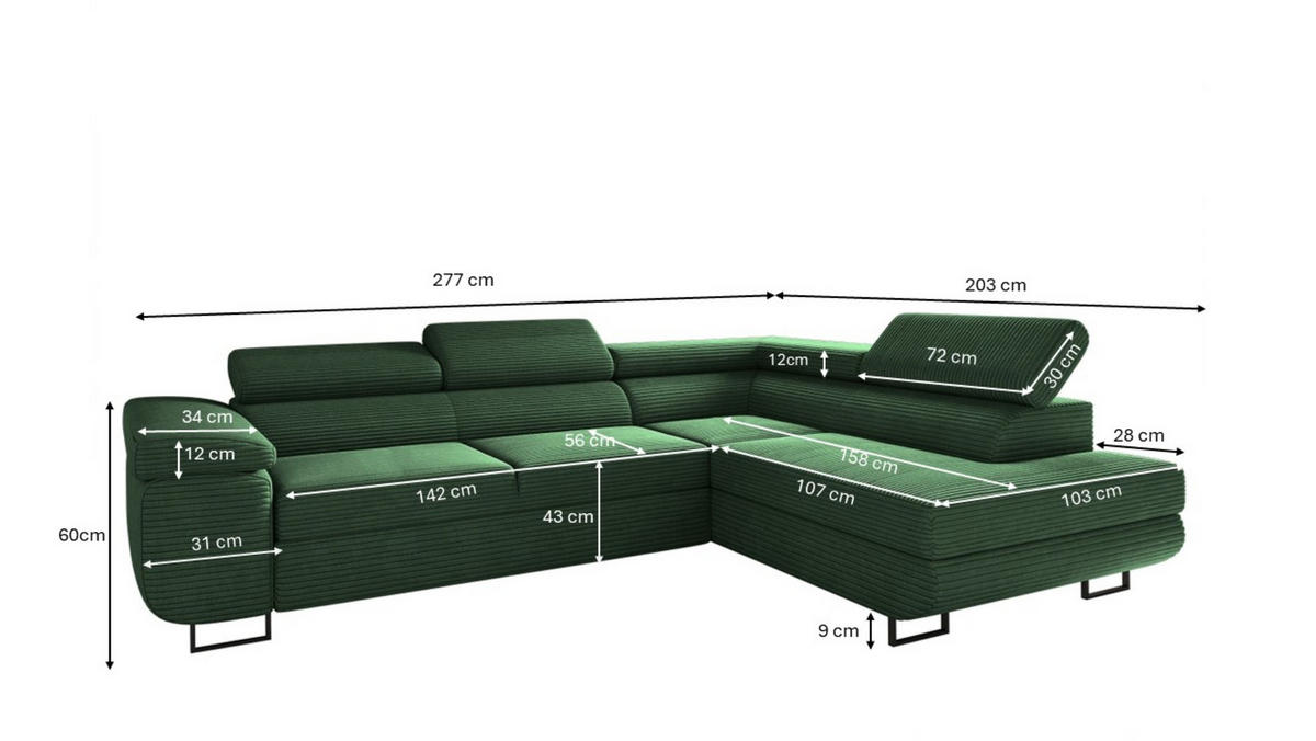 ECKSOFA ATOMIC Mit Schlaffunktion, Stoff Poso, Grün, Rechts - Grün, Holz (277/203cm) - Kaiser Möbel
