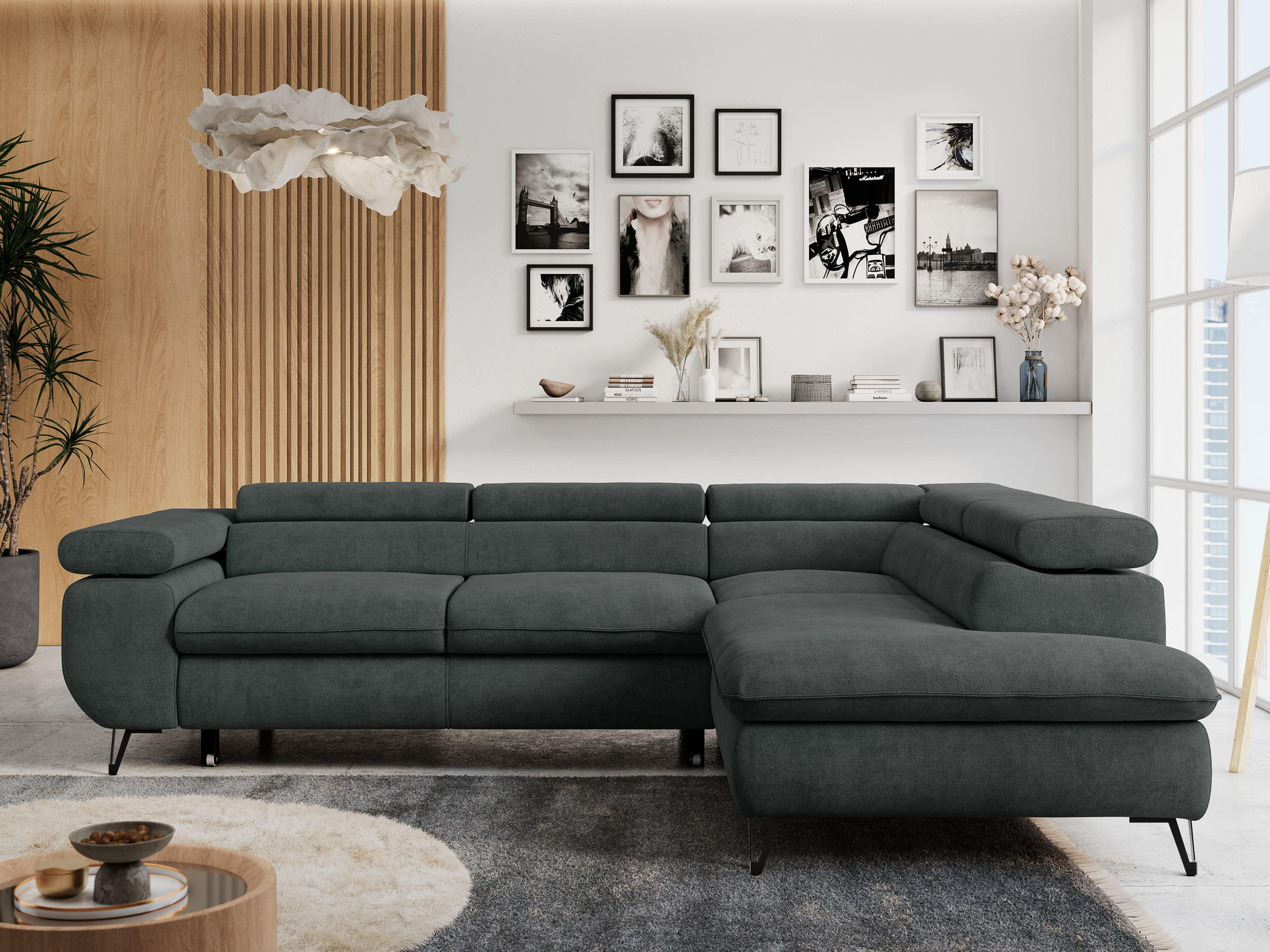 ECKSOFA PETER L Dunkelgrau Struktur - Rechts Seite - Dunkelgrau/Schwarz, Textil/Metall (273/208cm) - MKS