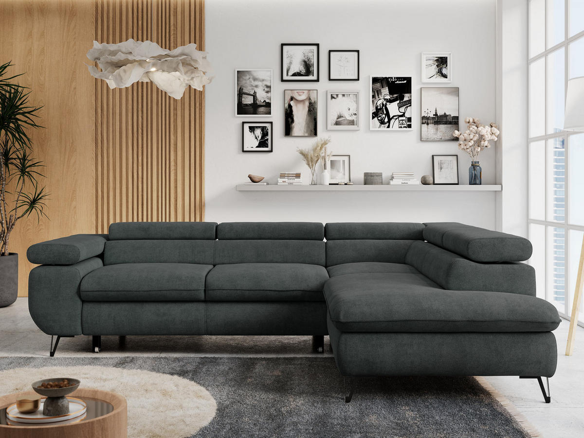 ECKSOFA PETER L Dunkelgrau Struktur - Rechts Seite - Dunkelgrau/Schwarz, Textil/Metall (273/208cm) - MKS