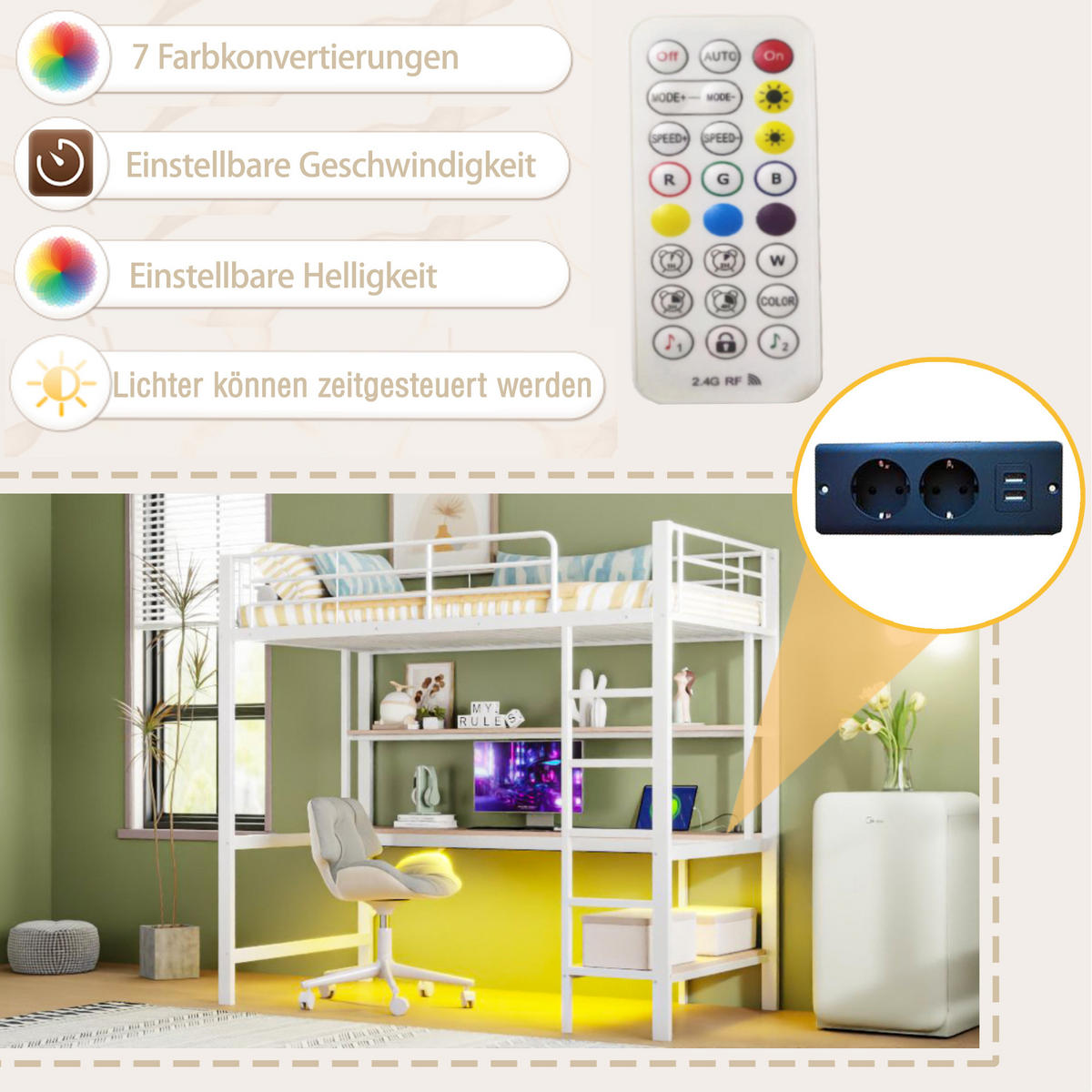 HOCHBETT 90/200 cm mit Geländer USB und LED-Beleuchtung, Schreibtisch und Regalen - Weiß, Metall (90/200cm) - OKWISH