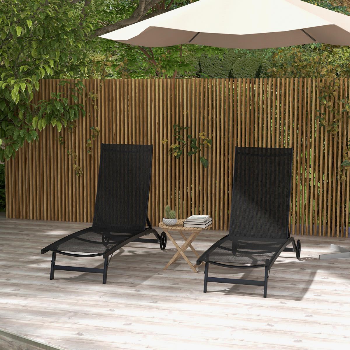 SONNENLIEGE 2er-Set DE-15618 mit Rollen, 5-fach verstellbar Schwarz - Schwarz, Metall (165/102/66cm) - ComfortXL