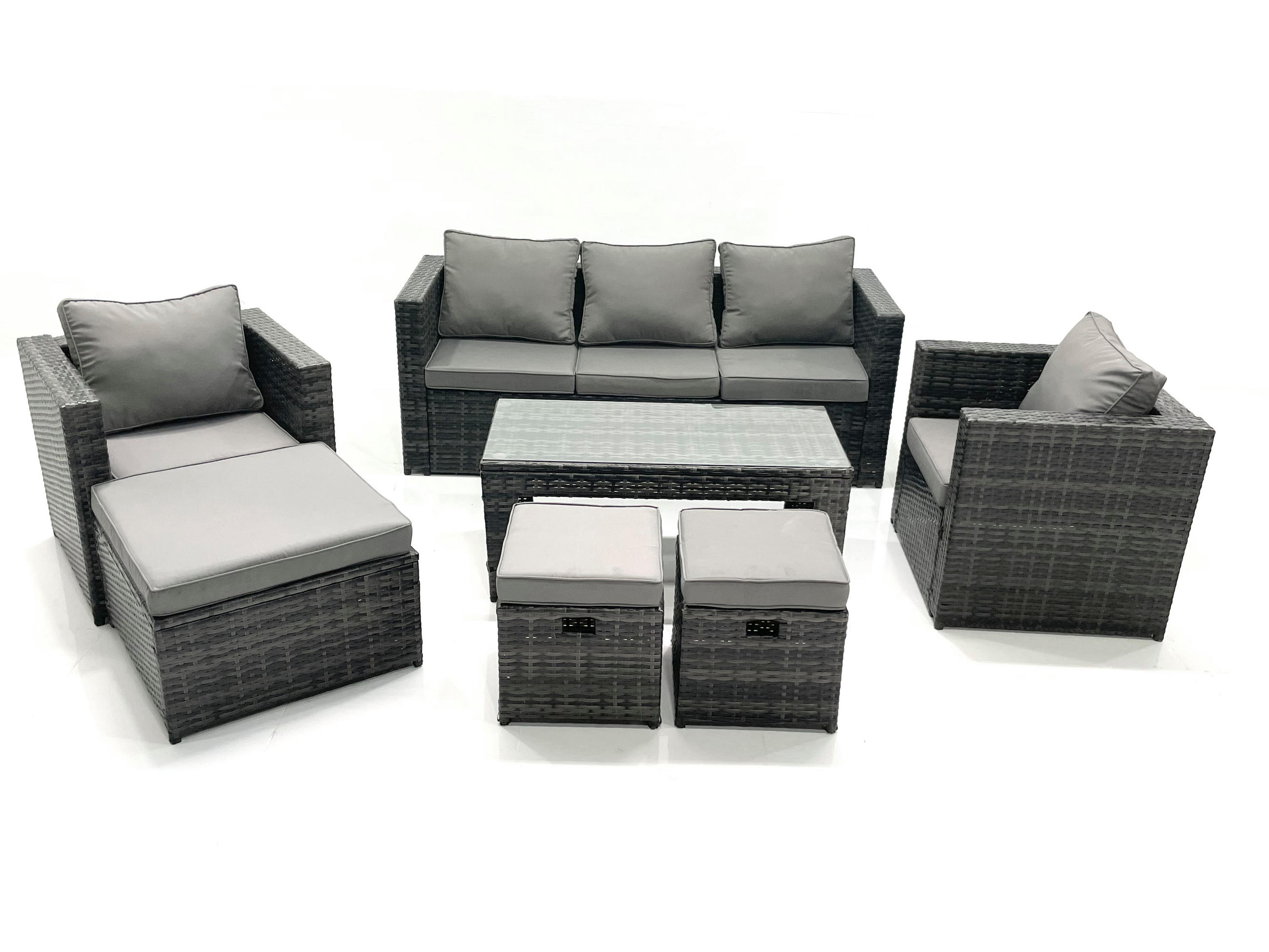 GARTENMÖBEL-SET COUCHTISCH SESSEL SOFA mit HOCKER Polyrattan Dunkelgrau Gemischt 8-Sitzer - Dunkelgrau/Grau, Glas/Kunststoff - Fimous