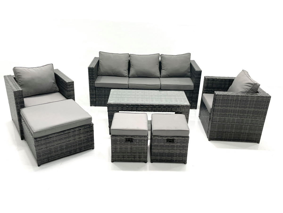 GARTENMÖBEL-SET COUCHTISCH SESSEL SOFA mit HOCKER Polyrattan Dunkelgrau Gemischt 8-Sitzer - Dunkelgrau/Grau, Glas/Kunststoff - Fimous