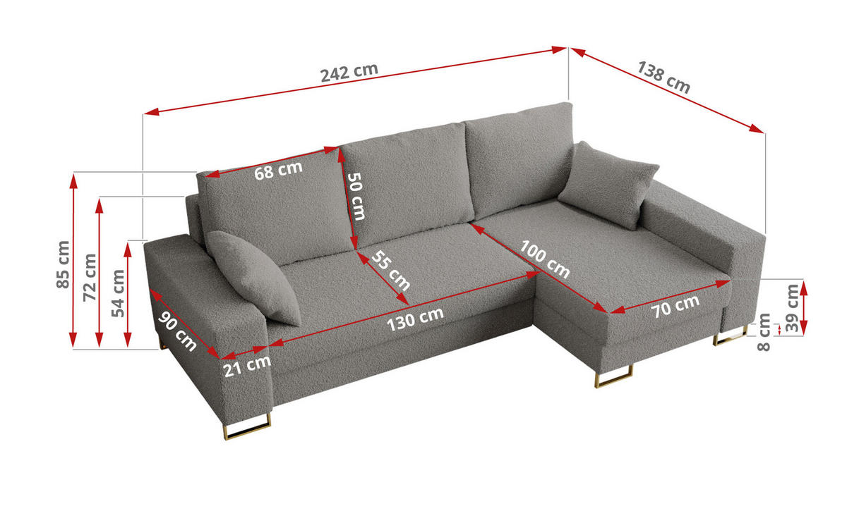 ECKSOFA Dorian Boucle Hellgrau - Goldfarben/Hellgrau, Textil/Metall (242/138cm) - MKS
