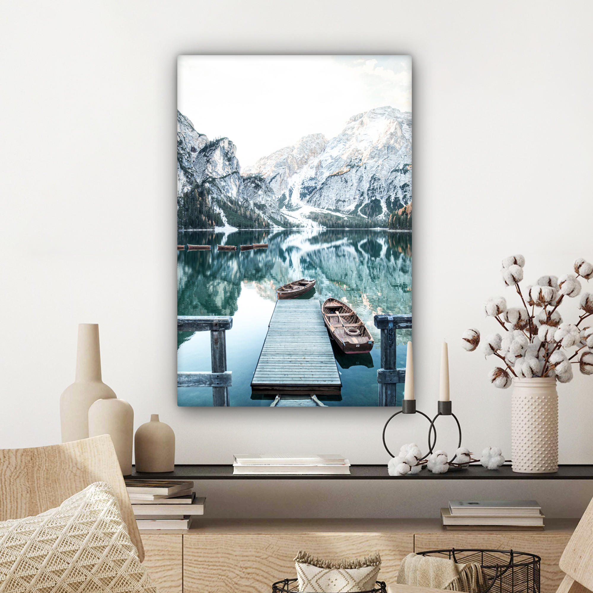 LEINWANDBILD Natur - Berge - Schnee - Wald - Boot 40x60 cm - Hellgrün, Textil (40/60cm) - MuchoWow