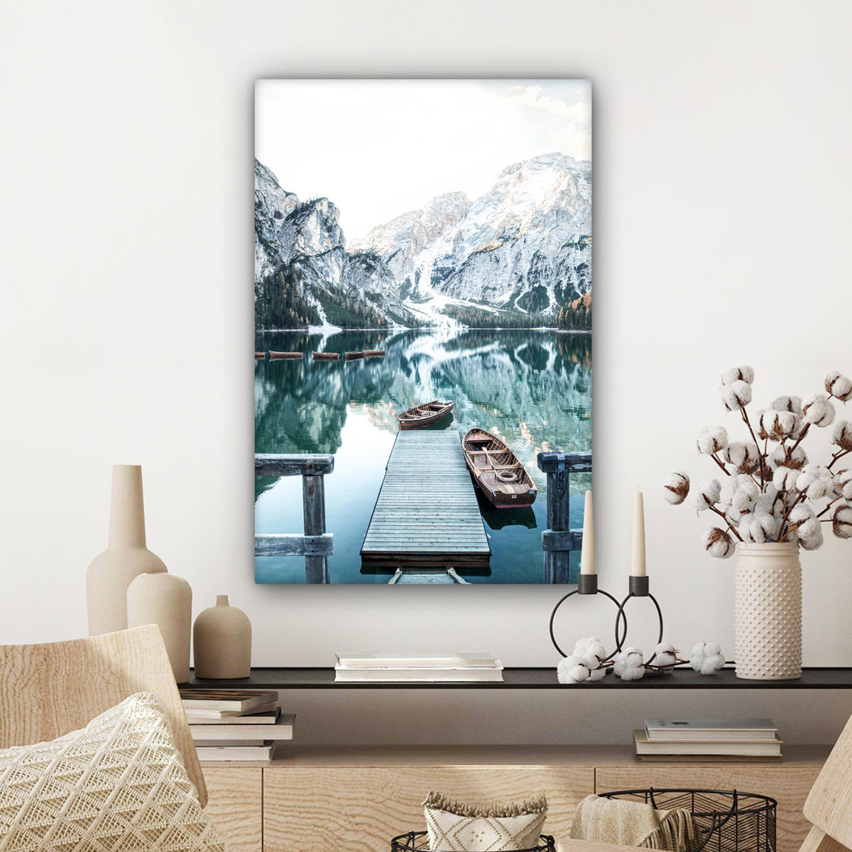 LEINWANDBILD Natur - Berge - Schnee - Wald - Boot 40x60 cm - Hellgrün, Textil (40/60cm) - MuchoWow