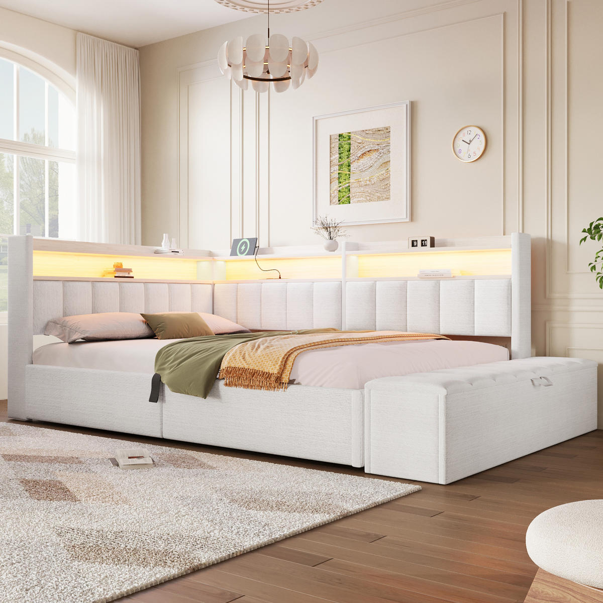 TAGESBETT 140 x 200 cm, Cremeweiß, Samt, LED, USB - Beige, Textil (140/200cm) - FLIEKS