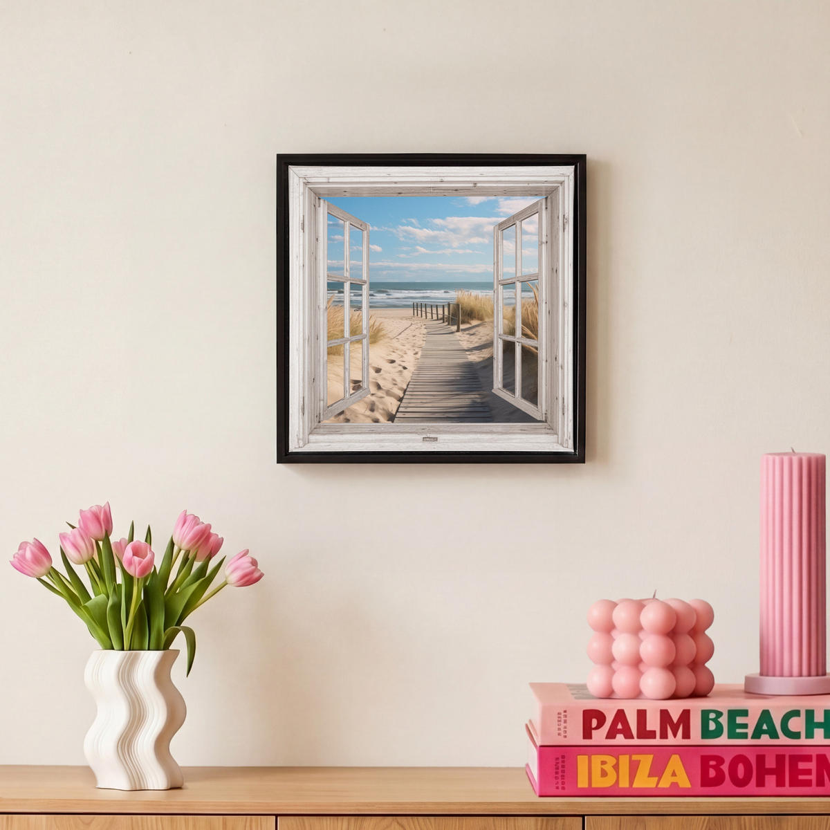 LEINWAND Bilder mit Rahmen - Fenster - Meer - Küste - Natur - Ausblick - Strand - Wattenmeer - 20x20 - Beige, Textil (20/20cm) - MuchoWow