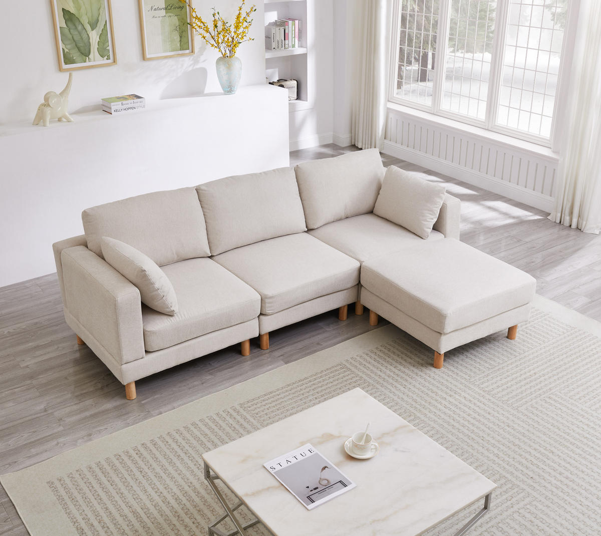 ECKSOFA 235/152/78 cm mit Hocker und flexibel montierbarer Chaiselongue, skandinavisches Design, Beige - Beige, Kunststoff (235/152cm) - Redom