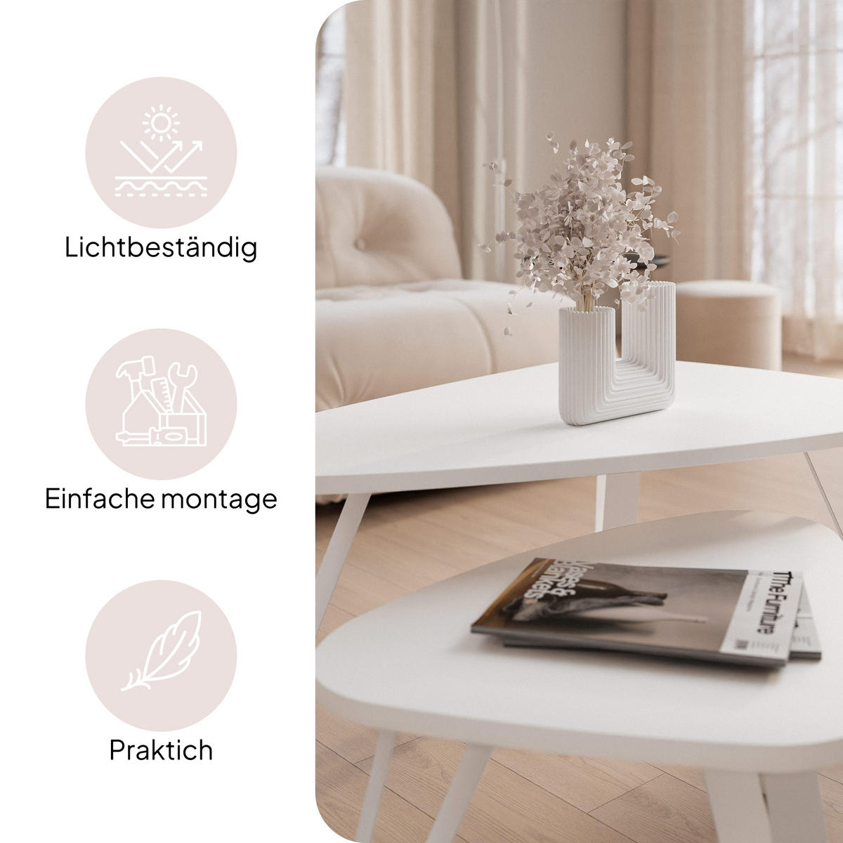 SATZTISCH NOA Stahlgestell, Freiform, Weiß / Arktisweiß - Weiß, Holzwerkstoff (94/60/42cm) - Idohome