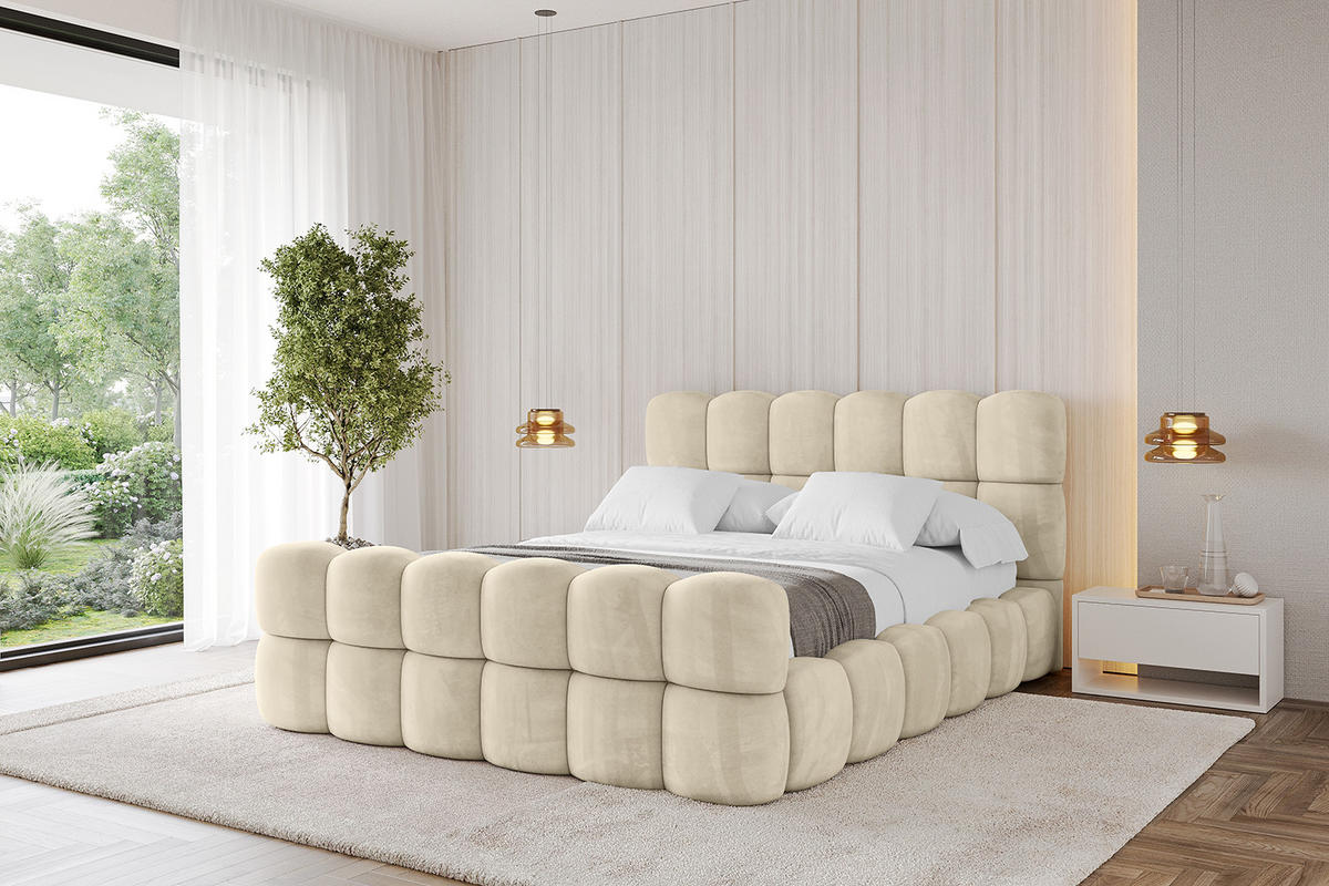 POLSTERBETT mit Bettkasten, Fußteil und Lattenrost, Bett mit Matratze H3/H4 - LEYA-Z 120x200 Beige - Ecru, Holzwerkstoff/Textil (120/200cm) - ALTDECOR