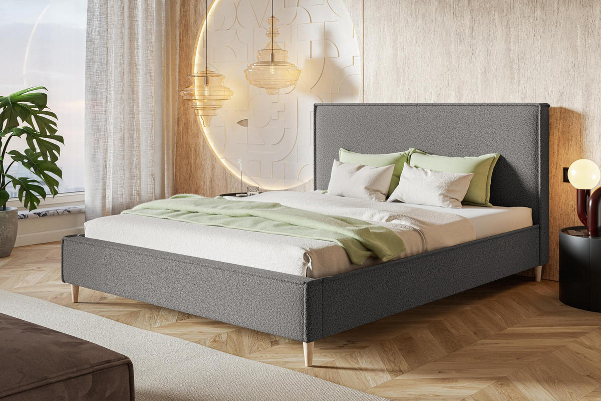 POLSTERBETT LUX RICO mit Kopfteil, 160 x 200 cm, Doppelbett mit Lattenrost aus Holz, Boucle-Stoff Grau, Füße in Farbe: Braun - Grau, Holz/Textil (160/200cm) - Alpi-Möbel