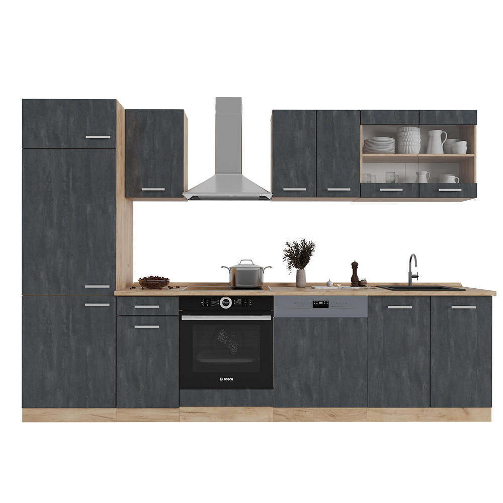 KÜCHENZEILE R-Line Schwarz Beton/Goldkraft Eiche 300 cm ohne AP - Eiche Wotan/Schwarz, Holzwerkstoff (300/81.6/46cm) - Vicco