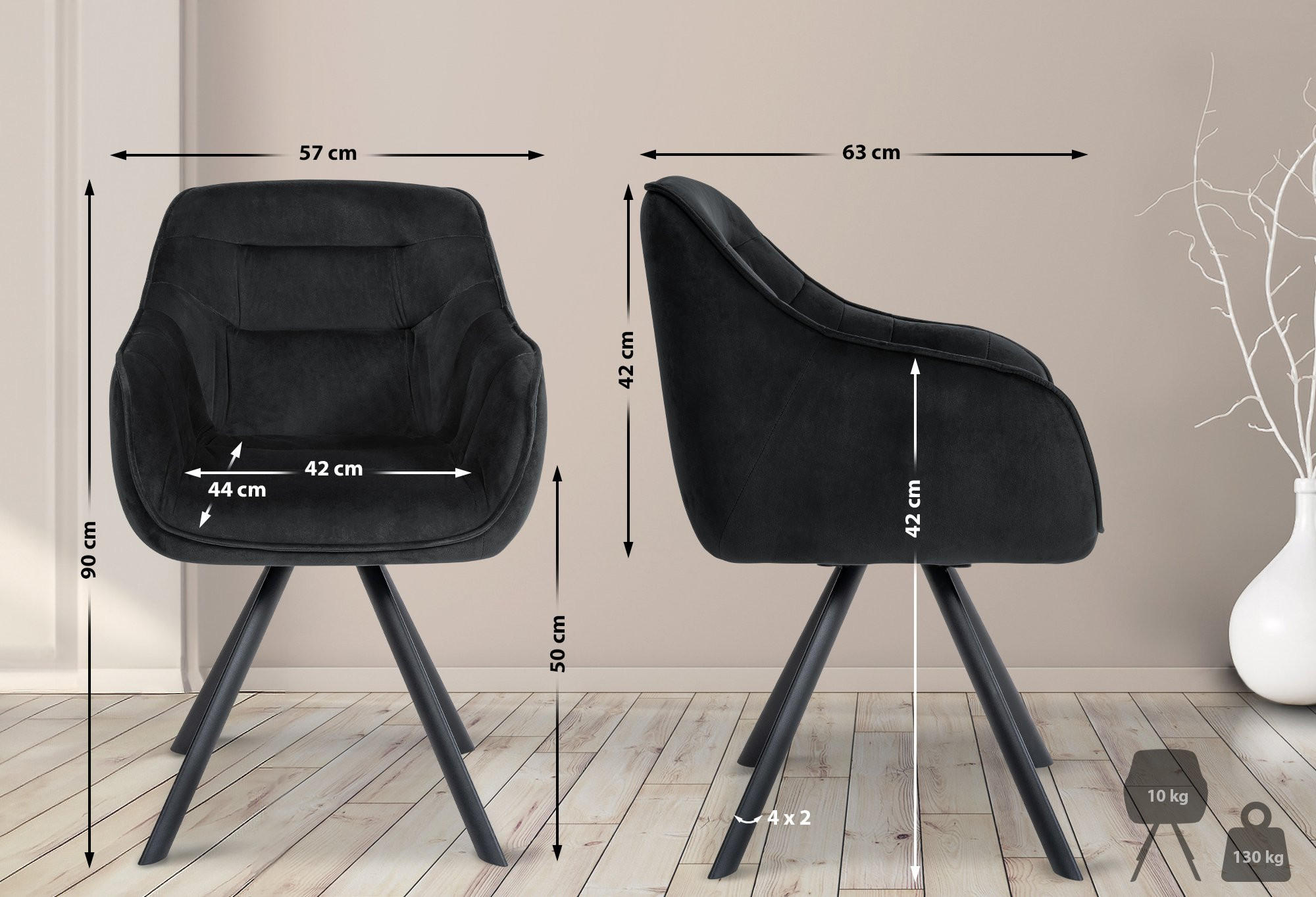 ARMLEHNENSTUHL Samt schwarz - Schwarz, Textil/Metall (57/90/63cm) - CLP