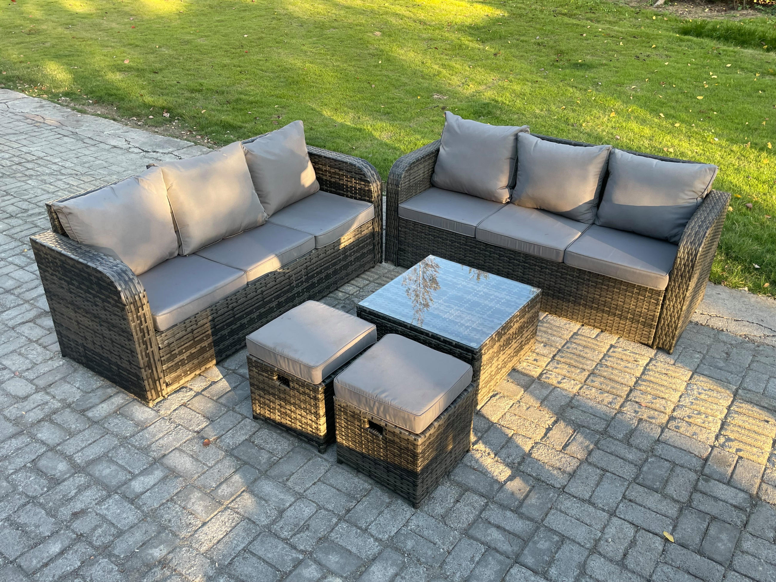 GARTENTISCHGRUPPE Polyrattan Dunkelgrau 5-teilige - Dunkelgrau/Grau, Glas/Kunststoff - Fimous