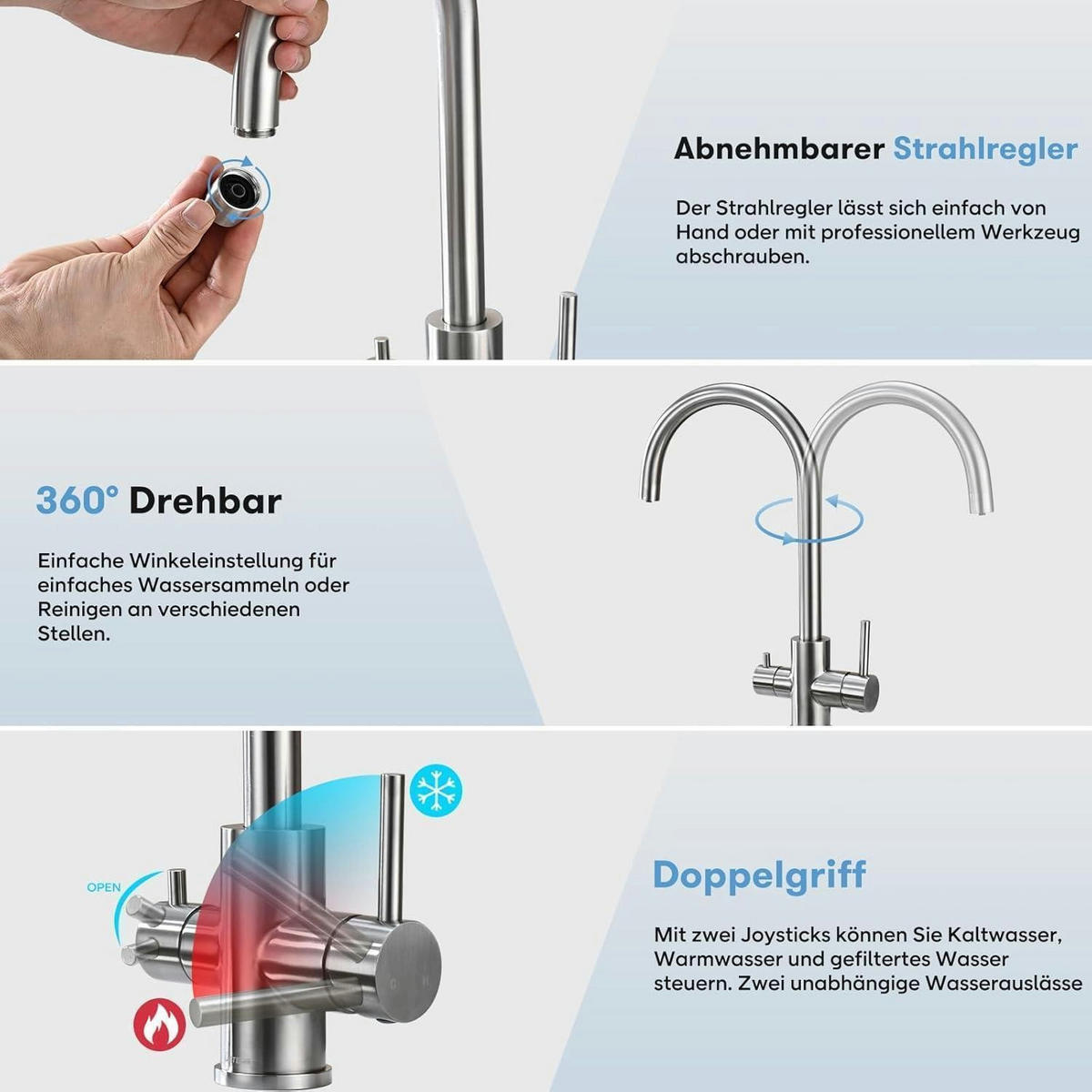 KÜCHENARMATUR 3-Wege mit Trinkwasserfunktion gebürstetes Silber - Silberfarben, Metall (20.6/26.7/39.6cm)