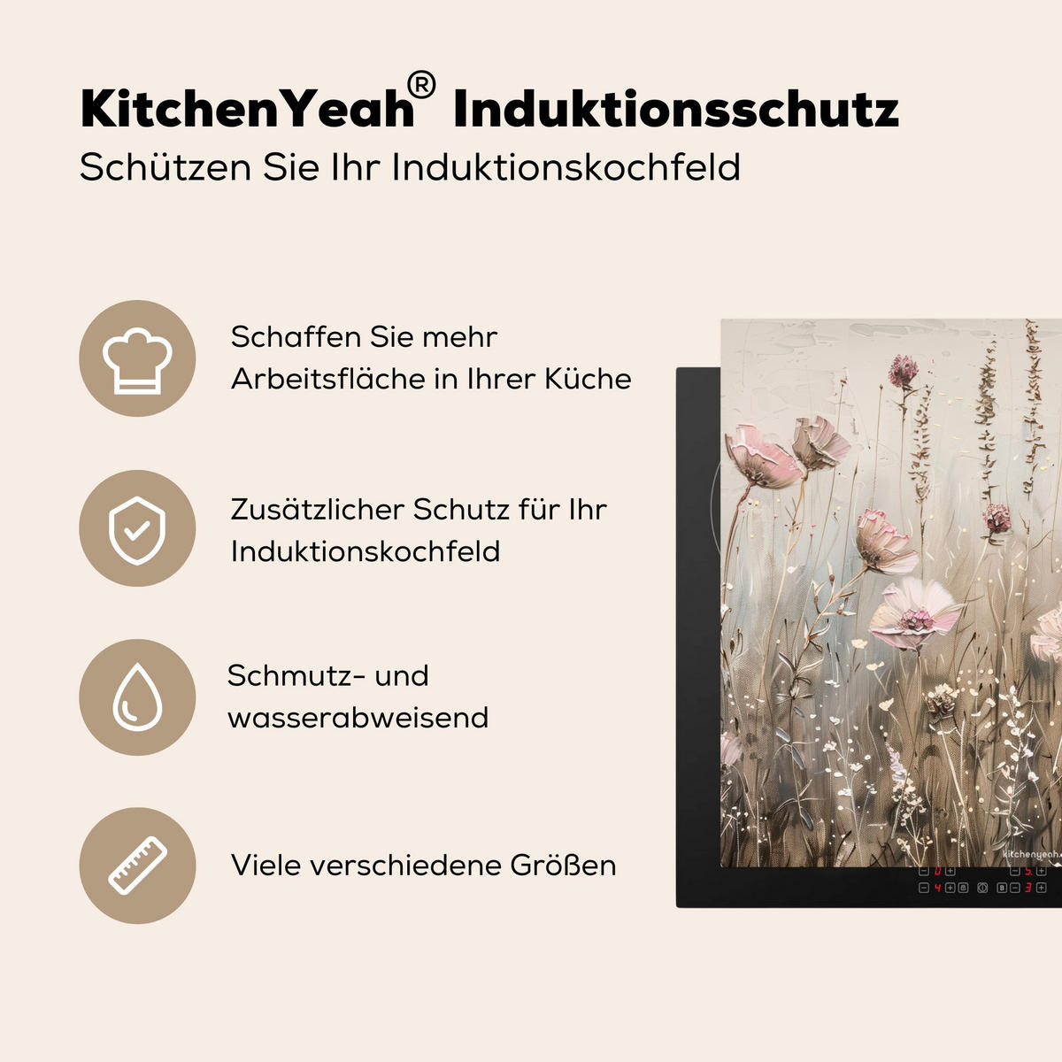 HERDABDECKPLATTE Blumen - Beige - Trockenblumen 60x52 cm - Beige, Kunststoff (60/52/0.2cm) - MuchoWow