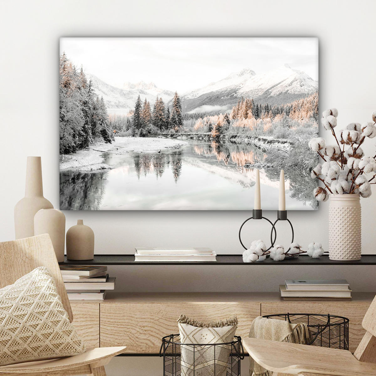 LEINWANDBILD Natur - Winter - Bäume - Berge - Schnee Wanddeko 90x60 cm - Weiß Hochglanz, Textil (90/60cm) - MuchoWow