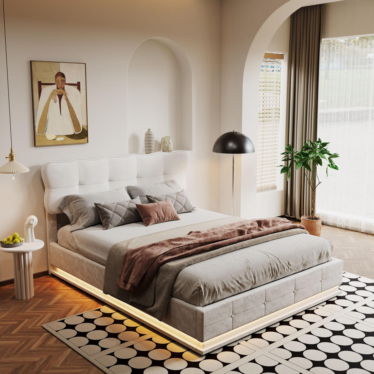 POLSTERBETT 140/200 cm mit LED-Beleuchtung und Stauraum – modernes Design - Beige/Naturfarben, Holz/Textil (140/200cm) - FURNISHINGS HOME