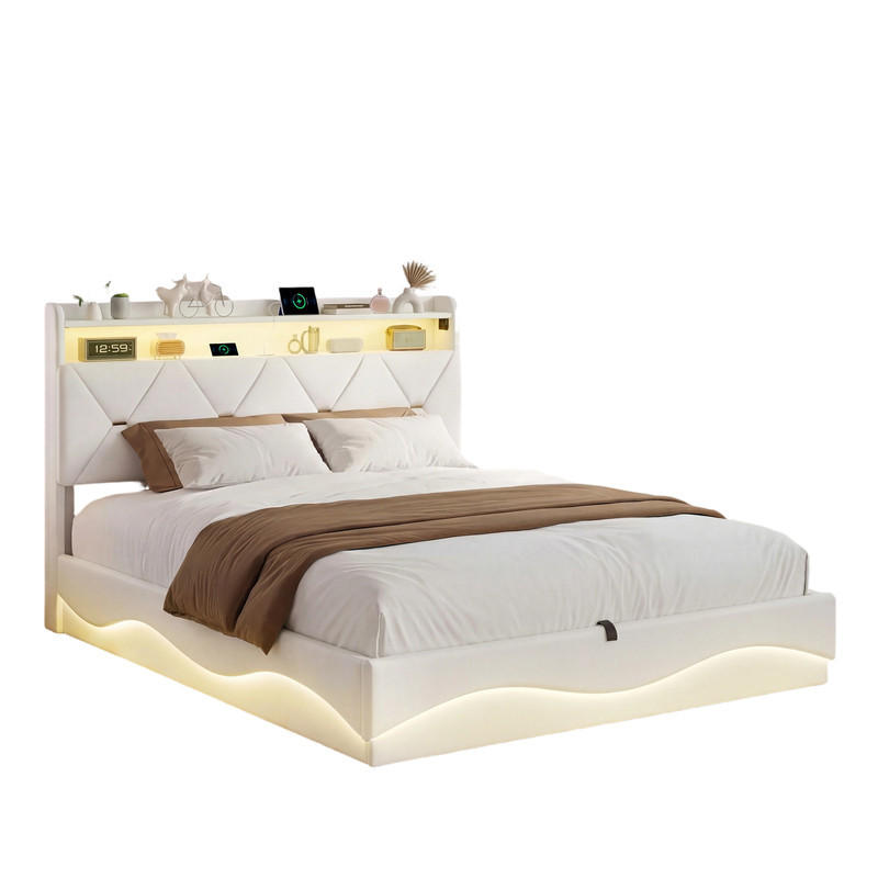 POLSTERBETT 160/200 cm beige Samt Stauraum LED USB Regal - Beige, Holz