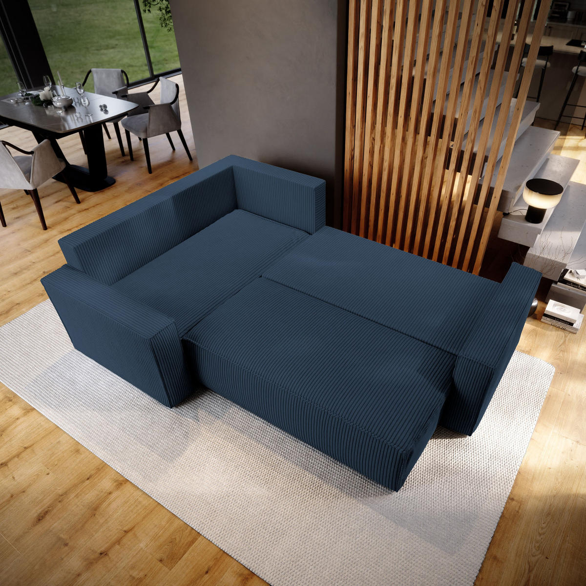 ECKSOFA ESTANO L-S Blau Kordstoff mit Schlaffunktion - Blau, Holz (230/158cm) - MASSENO
