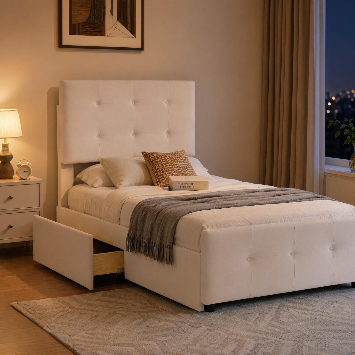 EINZELBETT 90x200 Samt Mit Stauraumschublade Stabil Lattenrost - Creme, Holz
