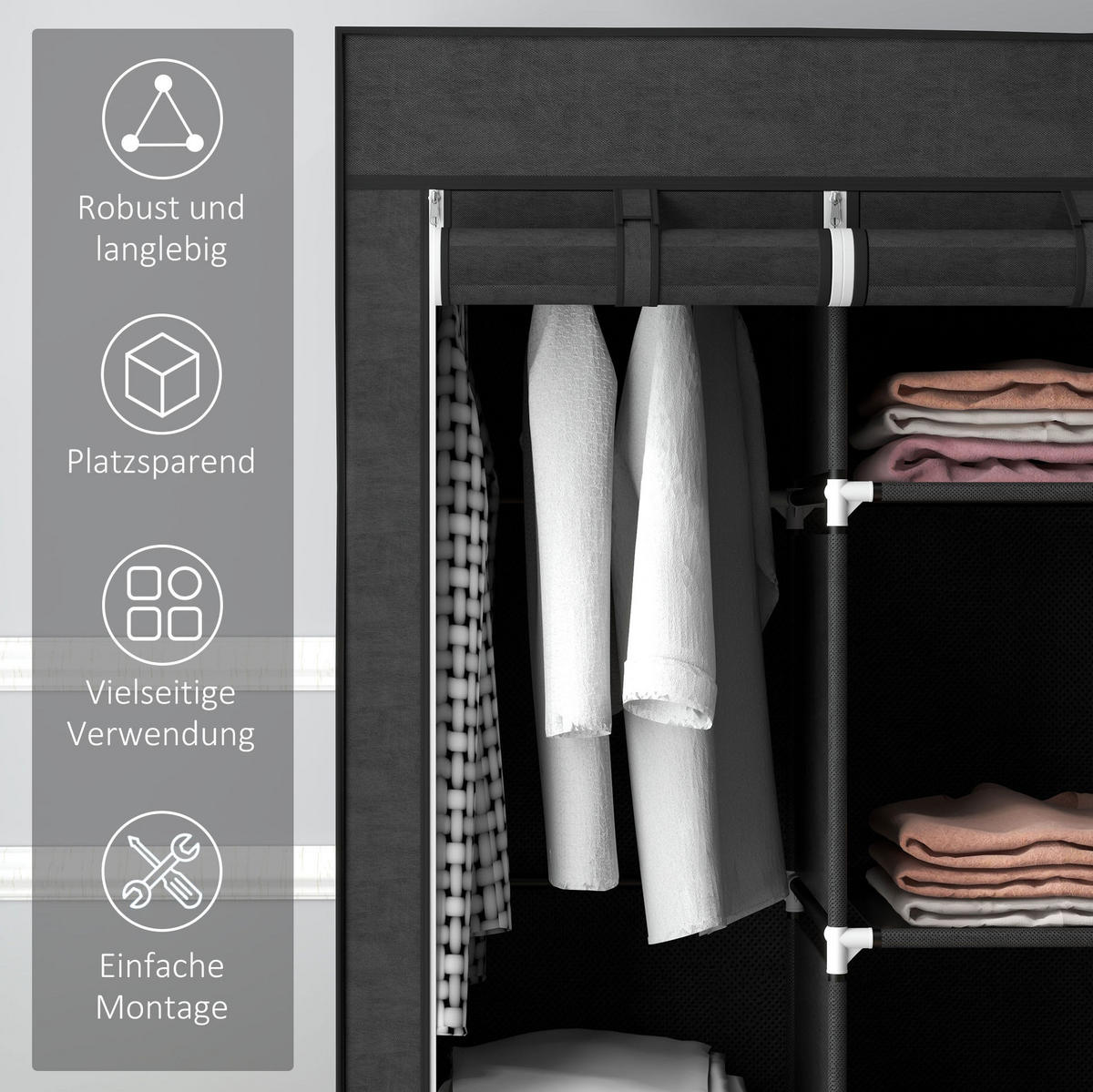 KLEIDERSCHRANK 125/43/162,5 cm in Schwarz mit Kleiderstangen und 8 Fächern - Schwarz, Textil (125/162.5/43cm) - BEAOK