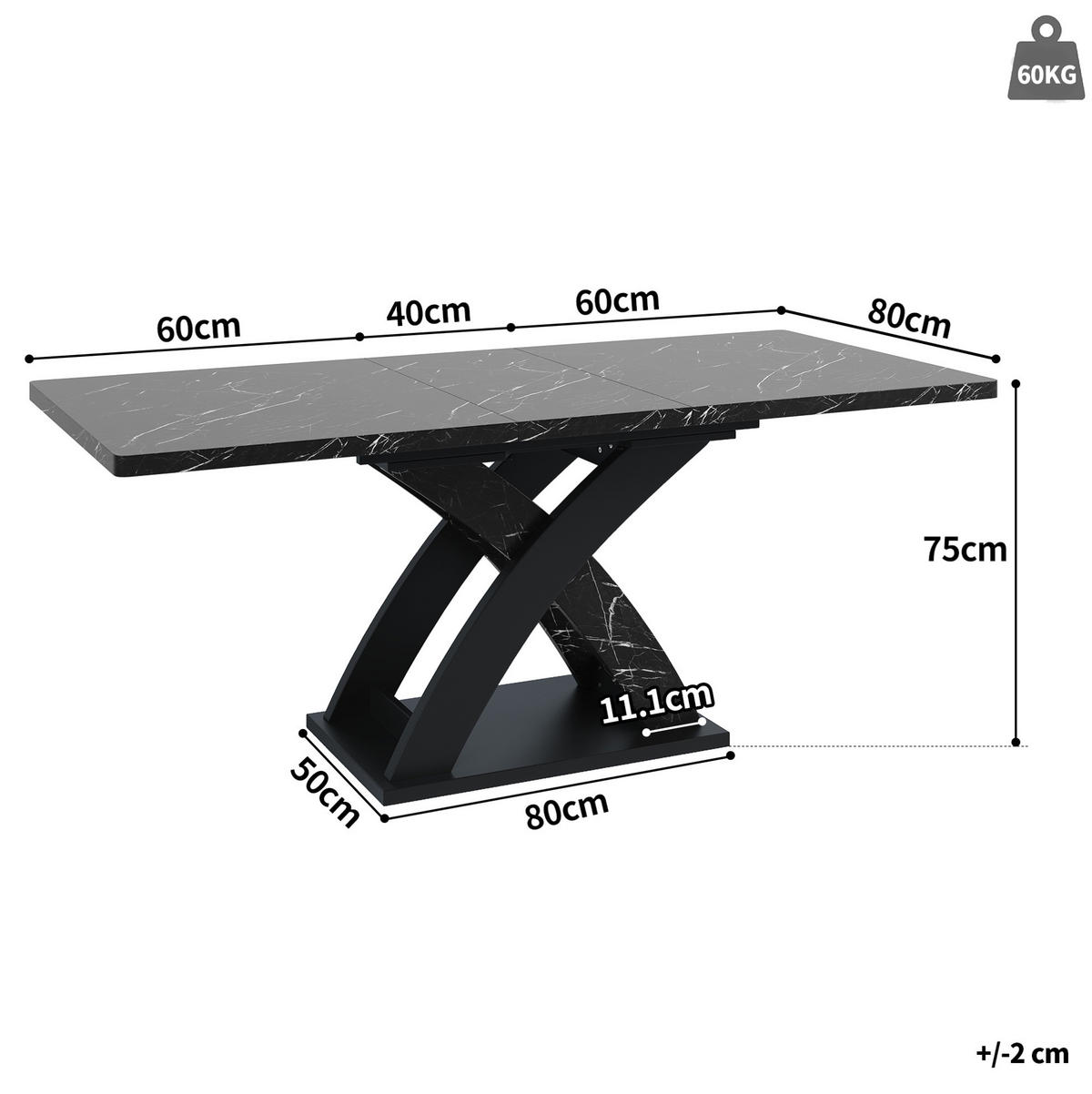 ESSTISCH 120/80/75 cm schwarz aus MDF und Metall ausziehbar - Schwarz, Holzwerkstoff (120/80/75cm) - OKWISH