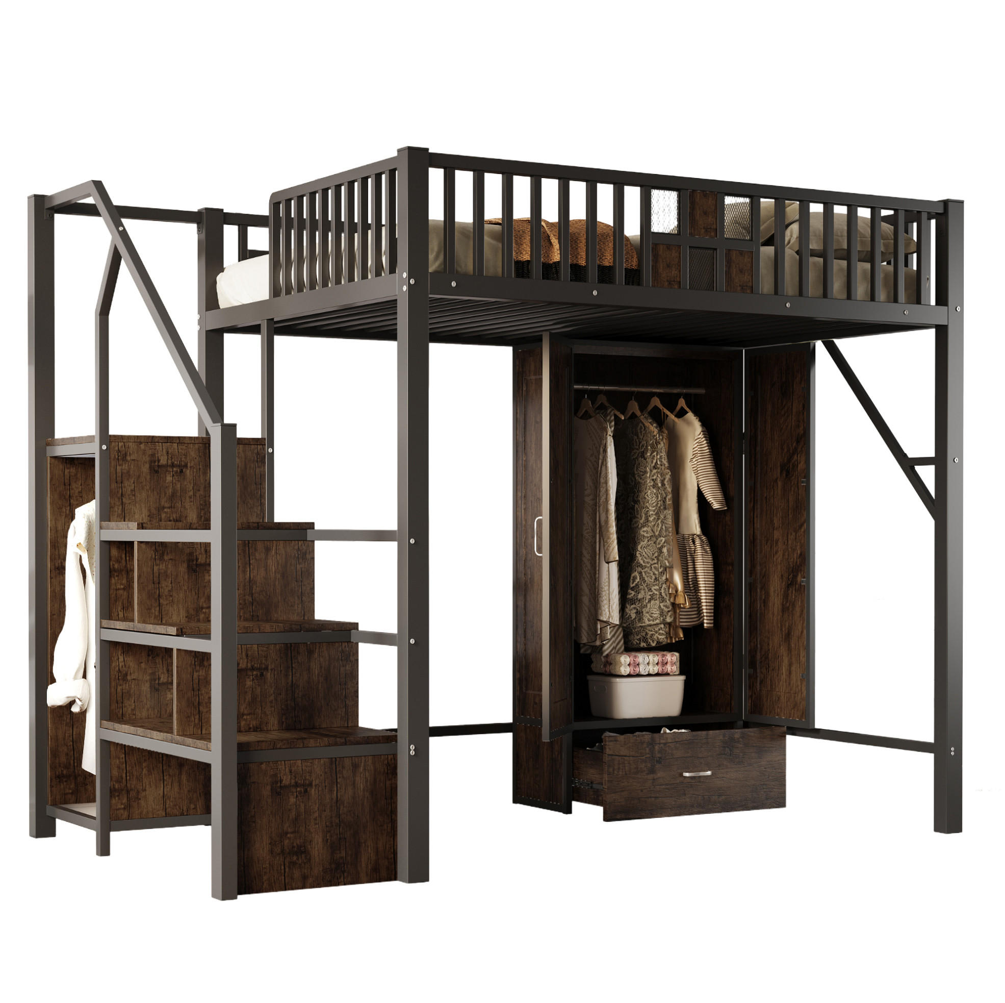HOCHBETT 140/200 cm Schwarz mit großem Kleiderschrank und Schubladen mit Matratze - Schwarz, Metall (140/200cm) - OKWISH