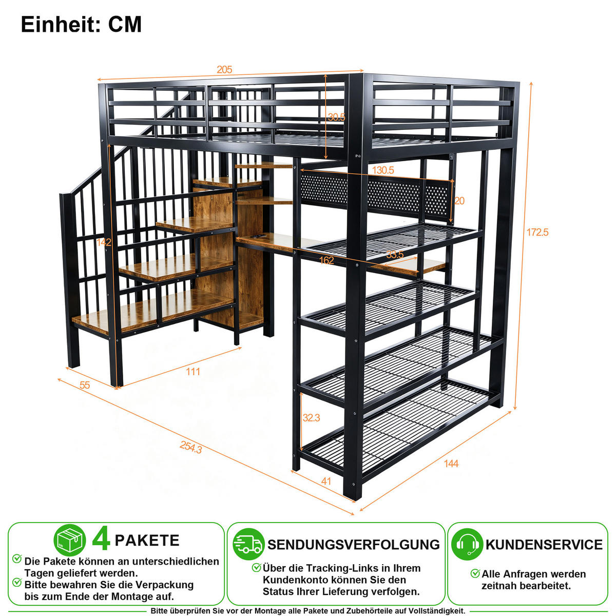 HOCHBETT 140/200 cm in Schwarz mit LED, Steckdosen und Stauraum aus Metall & Holz - Schwarz, Holzwerkstoff/Metall (140/200cm) - CHICFURN