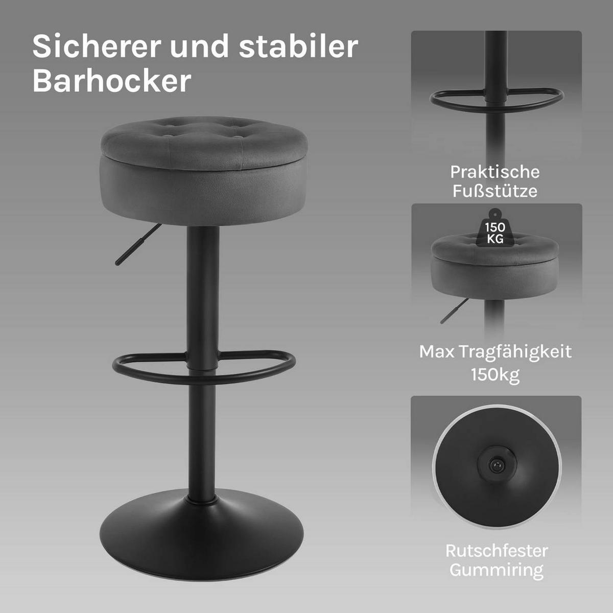 BARHOCKER 4er Set, drehbar, Samt, Dunkelgrau - Dunkelgrau/Schwarz, Textil/Metall (39/60.5/39cm) - Woltu