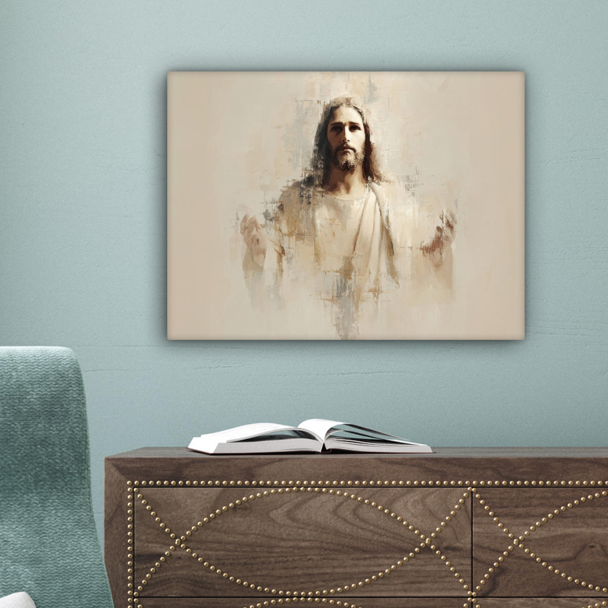 LEINWANDBILD Porträt - Abstrakt - Jesus - Beige Wandbild 40x30 cm - Beige, Textil (40/30cm) - MuchoWow