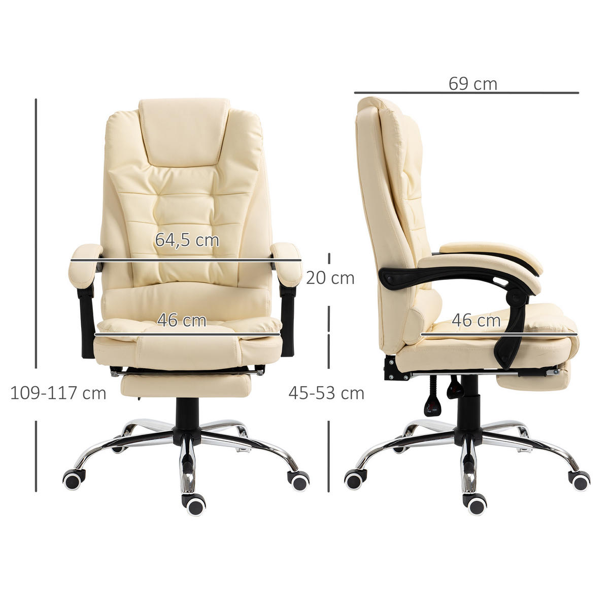 CHEFSESSEL 64,5/109-117/69 cm Cremeweiß aus Kunstleder mit Fußstütze - Creme, Kunststoff (69/117/64.5cm) - OKMYHOME