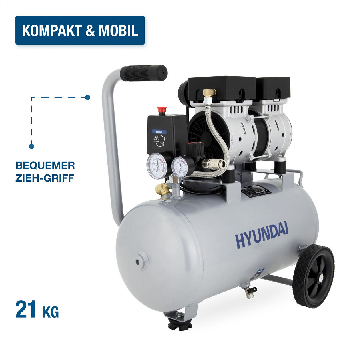 SILENT Kompressor SAC15024 (Druckluftkompressor leise, ölfrei, Flüsterkompressor, 67dB, 24L Kessel, 9bar, 1.5kW, 202L/Min) - Silberfarben, Metall (55/33/56cm) - Hyundai
