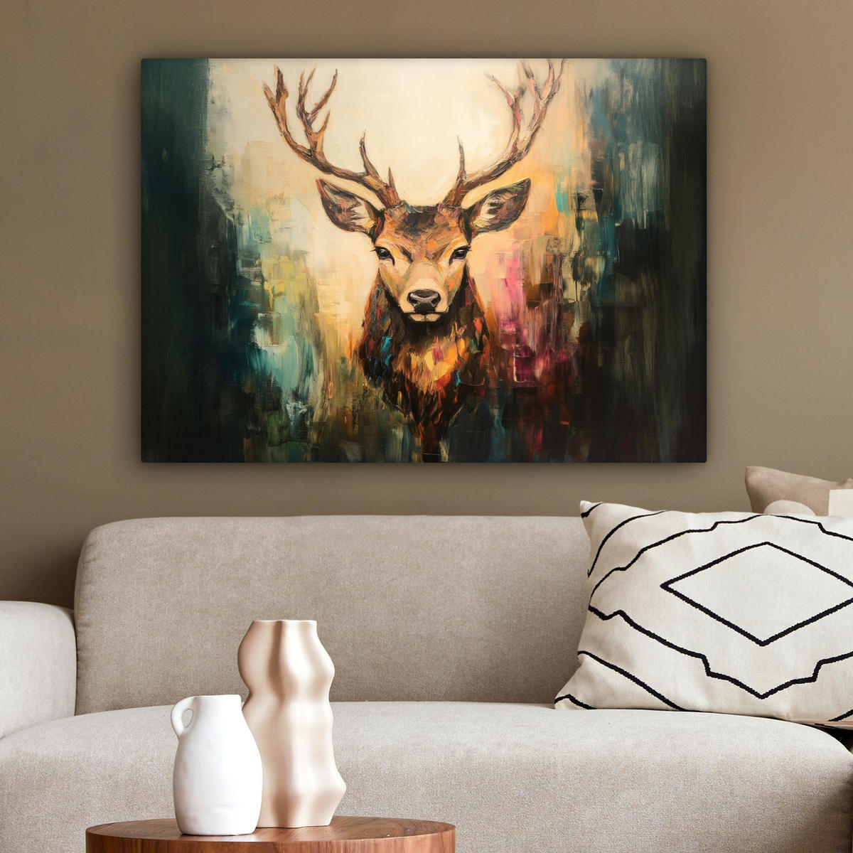 LEINWANDBILD Hirsch - Gemalt - Geweih - Braun Wandbilder 80x60 cm - Haselnussfarben, Textil (80/60cm) - MuchoWow