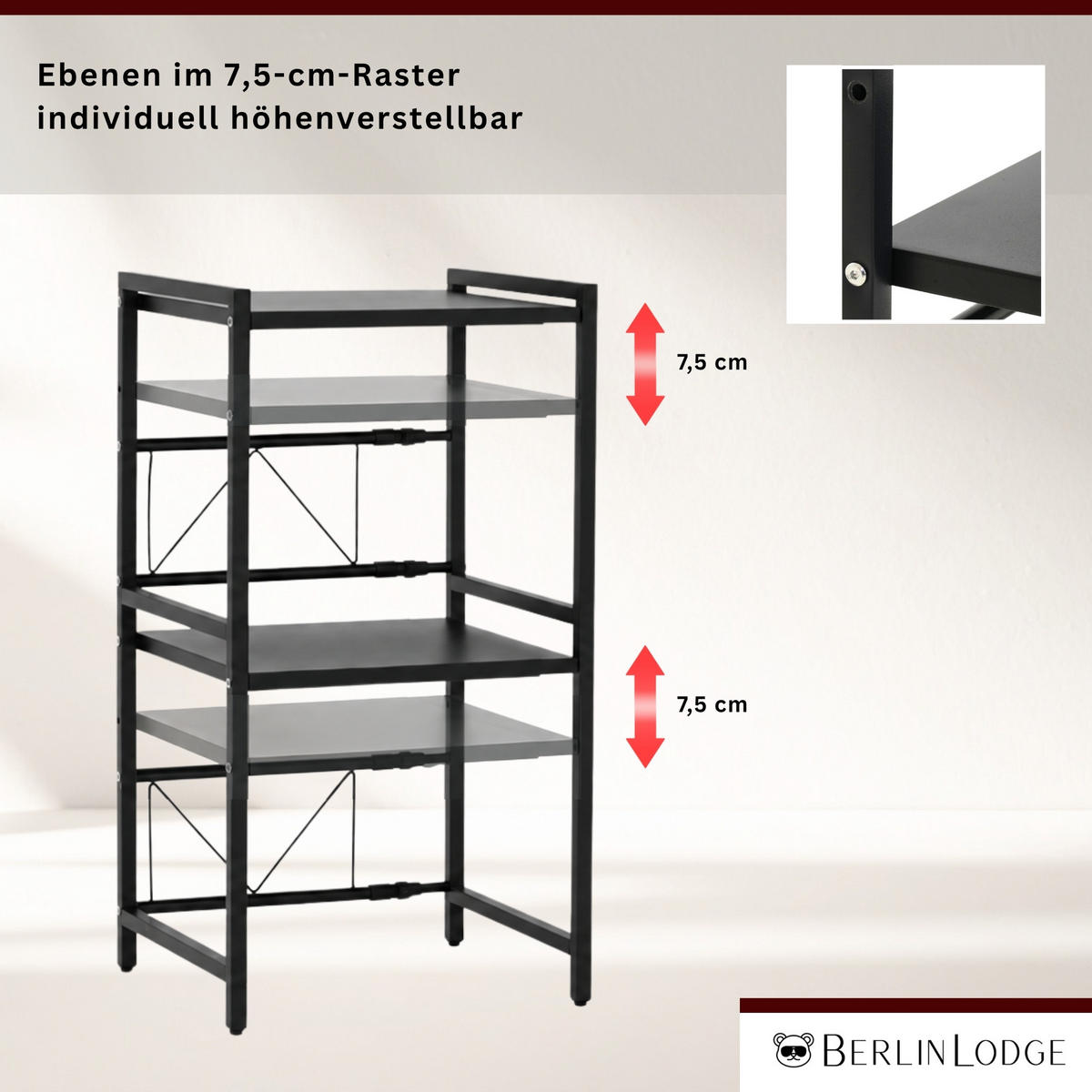 VERSTELLBARES Mikrowellenregal NEXO mit Ablagefläche 3-Stufig HxBxT 80x40-60x36 cm Ausziehbar zwischen 40-60cm Metall Schwarz - Schwarz, Metall (60/80/36cm) - BERLINLODGE