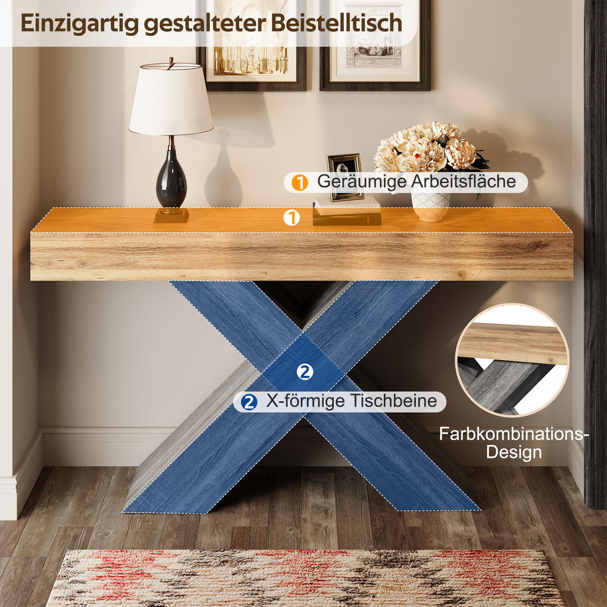 KONSOLENTISCH X-Beine schmal Holzoptik Flur modern - Naturfarben, Holzwerkstoff (140/30/80cm) - FLIEKS