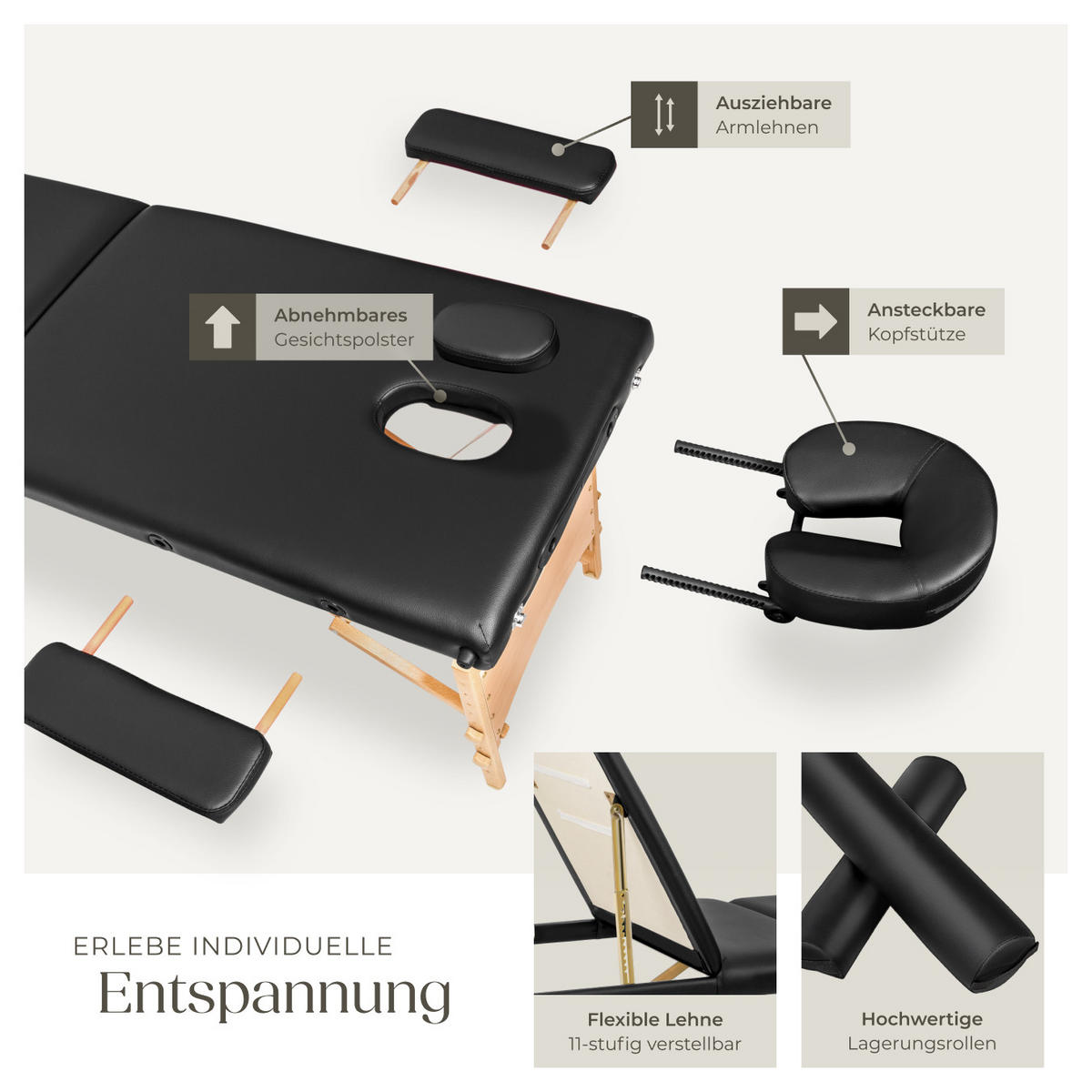 MASSAGELIEGE-SET 3 Zonen Daniel,210 x 95 x 84 cm,schwarz - Schwarz, Holz (95/84/210cm) - tectake