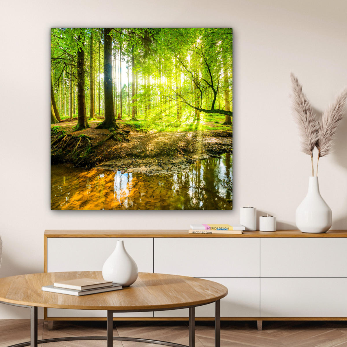 LEINWANDBILD Wald - Landschaft - Wasser - Bäume - Sonne - Grün - Natur 90x90 cm - Grün, Textil (90/90cm) - MuchoWow