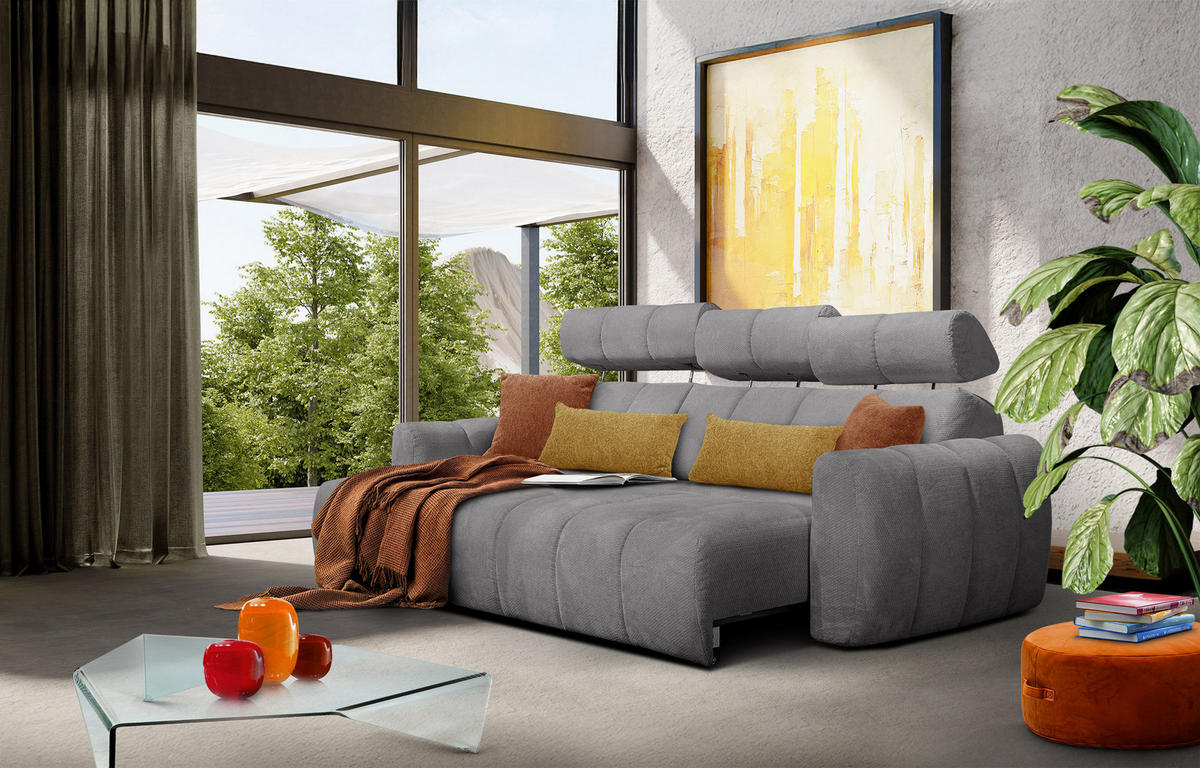 ECKSOFA KIMI 3-Sitzer, ausziehbarer Sitz, verstellbare Kopfstützen, grau - Schwarz/Grau, Holzwerkstoff/Textil (270/160cm) - Courtois Laville