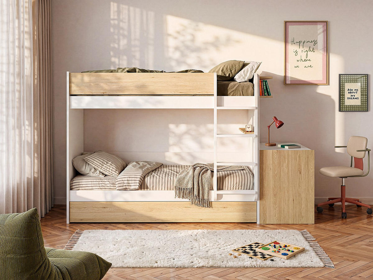 ETAGENBETT - 3 Personen - holz - naturfarben hell, weiß Domati - Naturfarben/Weiß, Holz (90/190cm) - Vente-Unique