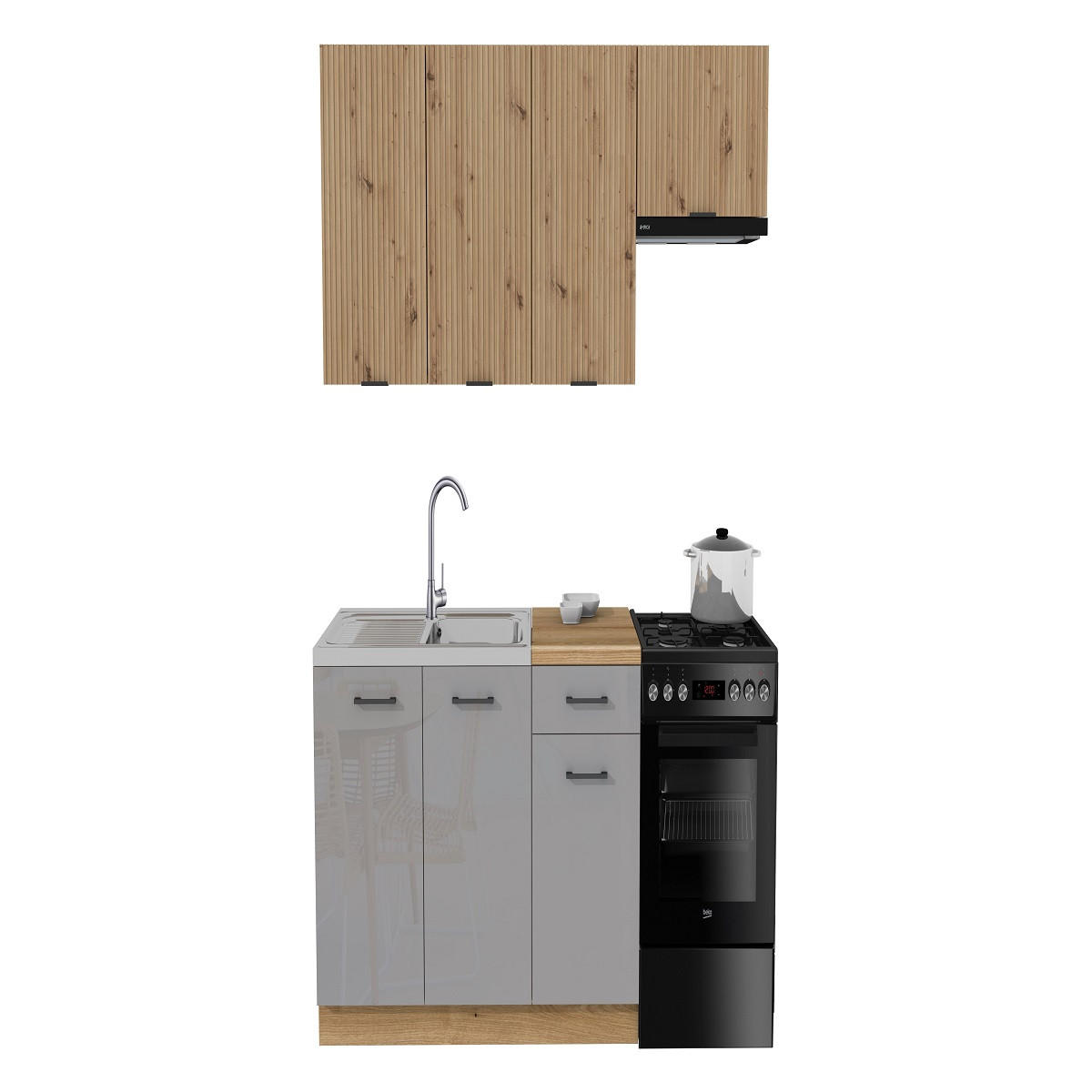 KÜCHENZEILE 170 cm mit Arbeitsplatte - SIMPLY Z14 - in Grau Hochglanz / Eiche Rille / Eiche - Eichefarben/Schwarz, Holz/Holzwerkstoff (170/212/53cm)