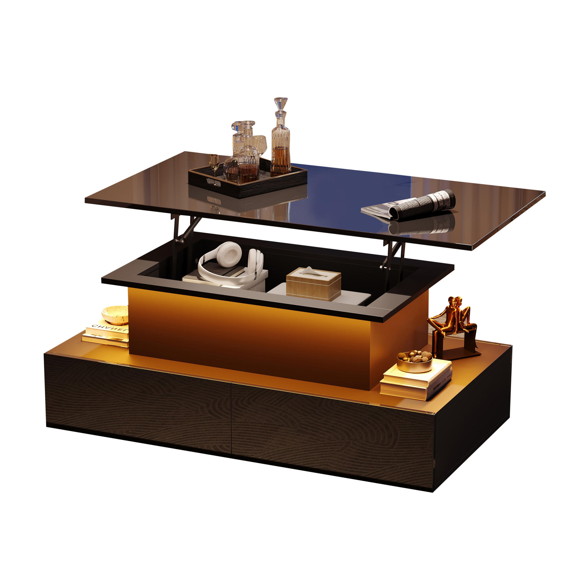 COUCHTISCH aus Spanplatte 90x55x41 cm Schwarz mit LED-Beleuchtung, 4 Schubladen und ausziehbarer Tischplatte - Schwarz, Holzwerkstoff (90/55/41cm) - Modfu