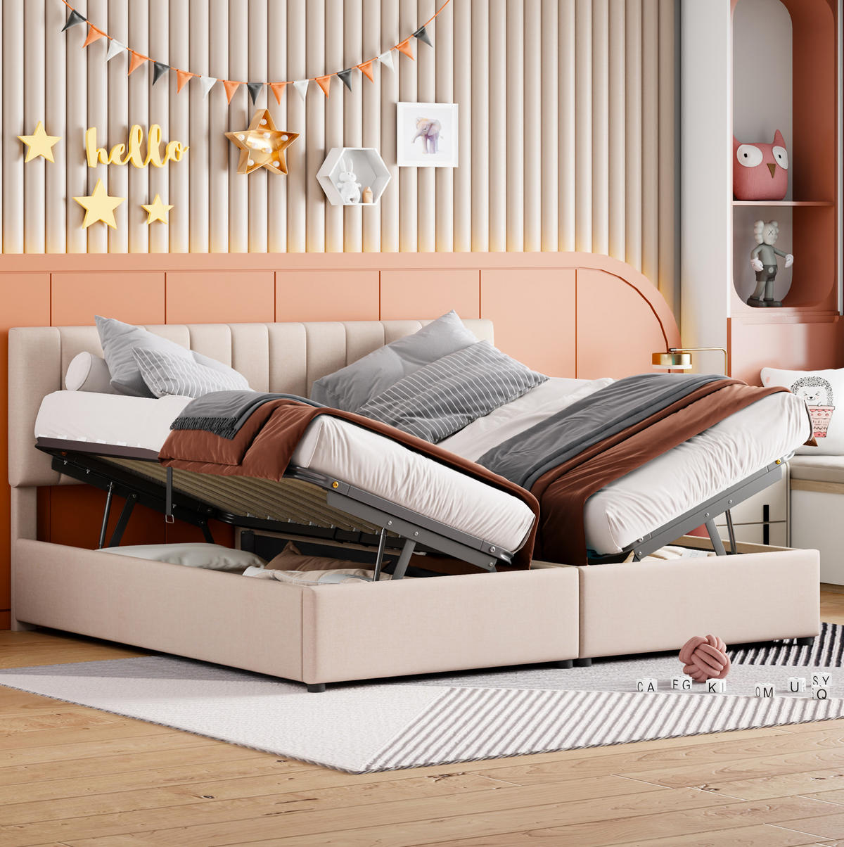 POLSTERBETT 180/200 cm beige aus Leinenstoff mit hydraulischem Stauraum - Beige, Textil (180/200cm) - OKWISH