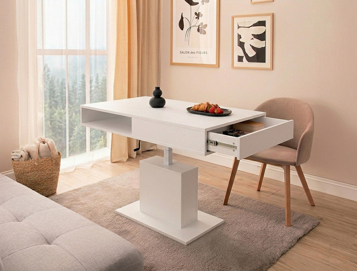 COUCHTISCH rechteckig stufenlos höhenverstellbar Schubalde 110/65/59 cm - Weiß, Holzwerkstoff (65/110/59cm) - designimpex