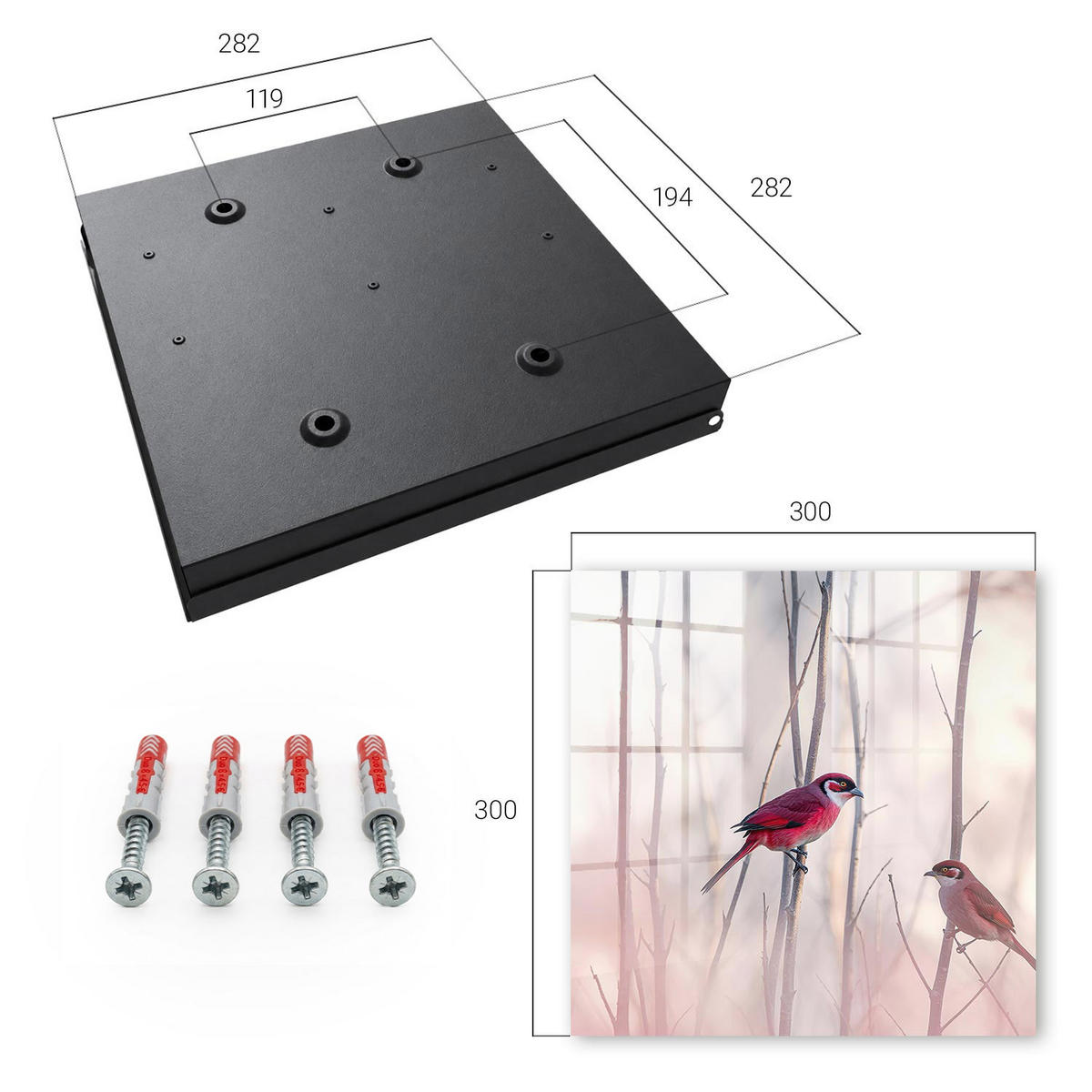 SCHLÜSSELBOX Schwarz 30x30 cm- Türöffnung nach rechts - Zwei Vögel - Rot, Metall (30/30/5cm) - TULUP
