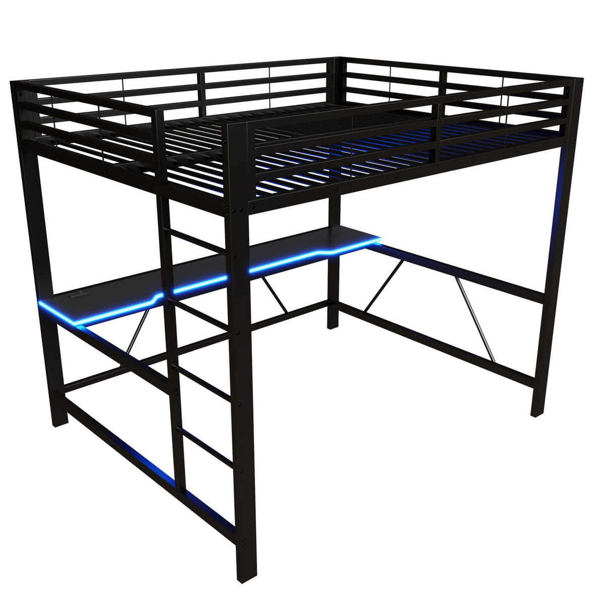 HOCHBETT aus Metall und MDF 160x200 cm Schwarz mit LED-Beleuchtung, Schreibtisch und Schutzgitter - Schwarz, Holzwerkstoff (160/200cm) - Modfu