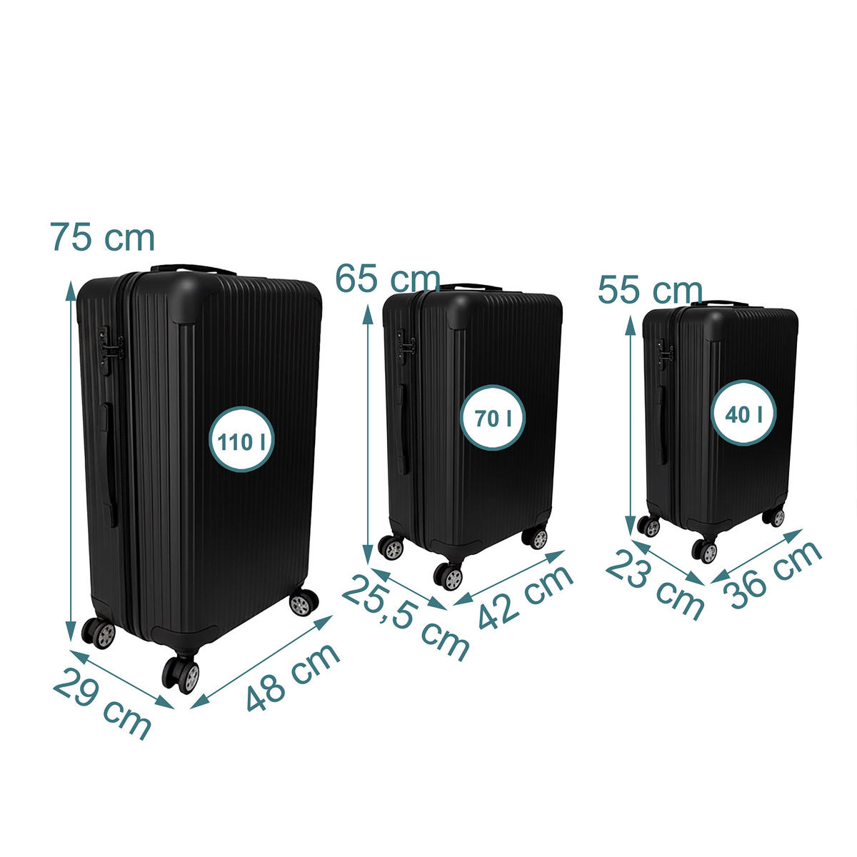 3-TLG.KOFFERSET - Schwarz, Kunststoff (48/75/29cm) - Relaxdays
